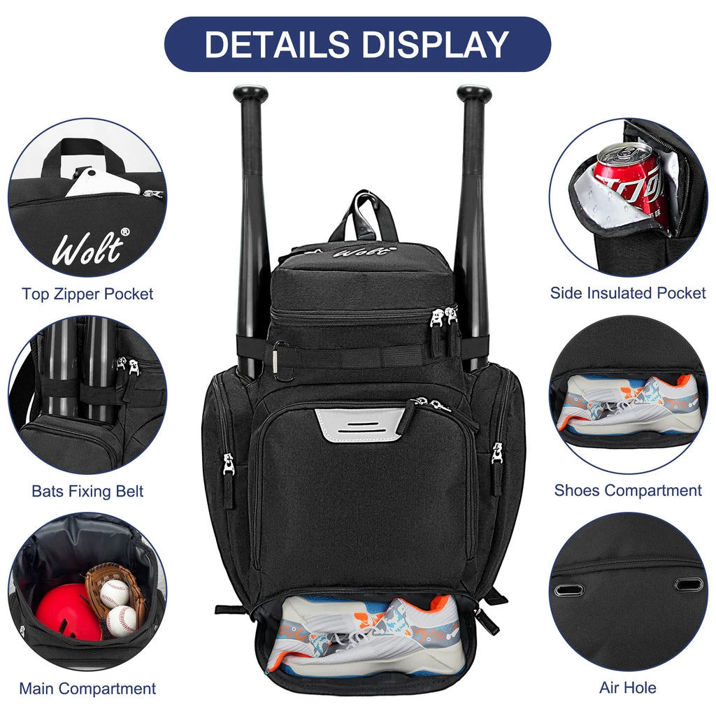 Pro Baseball Bag Backpack for Men Multifunctional Baseball Equipment Backpack for Sports Black