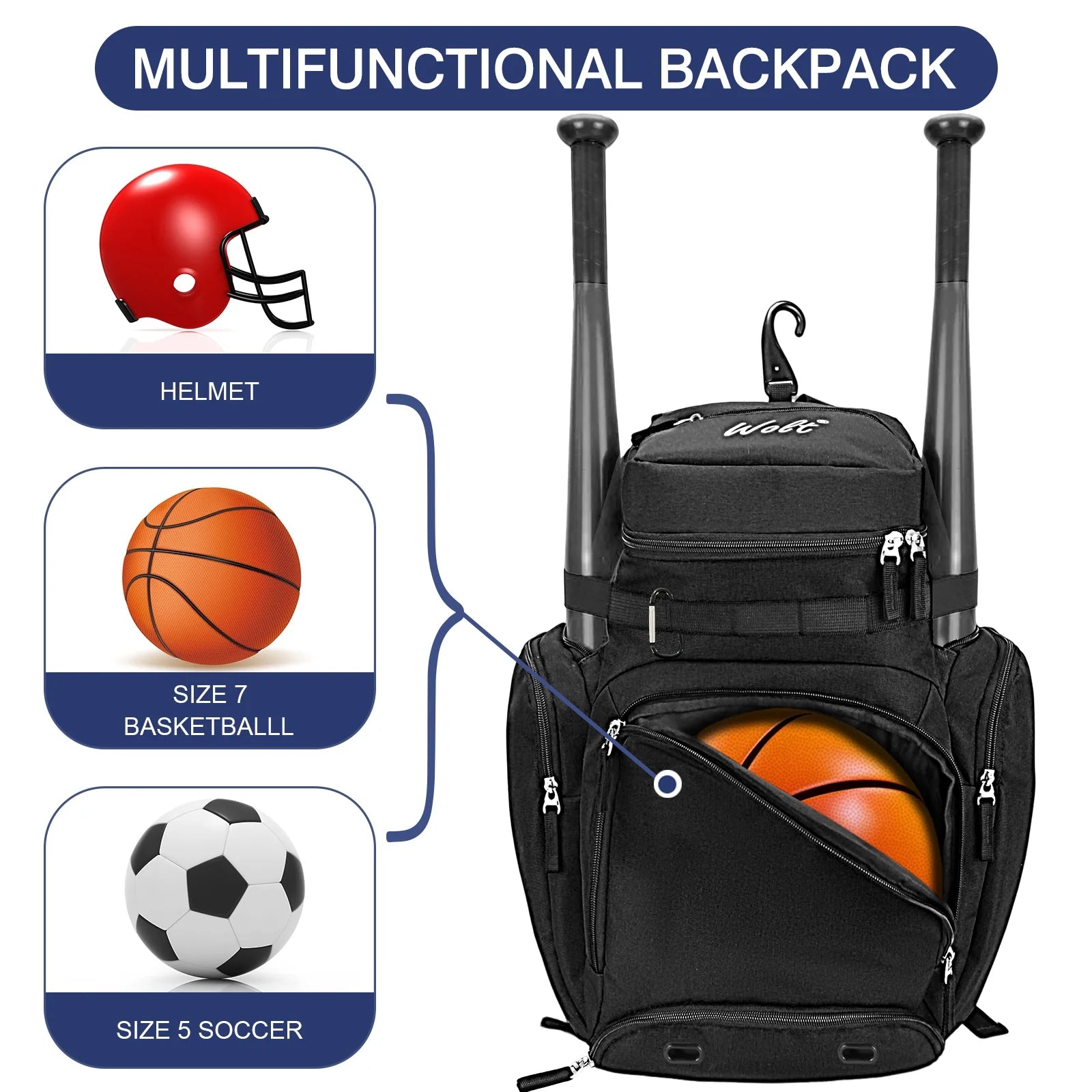 Pro Baseball Bag Backpack for Men Multifunctional Baseball Equipment Backpack for Sports Black